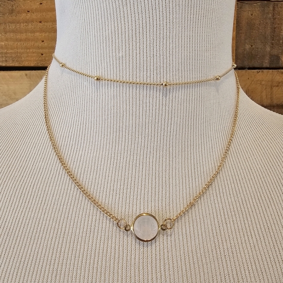 Unsigned Jewelry - Double Strand Goldtone Necklace with Pale Pink Faceted Stone